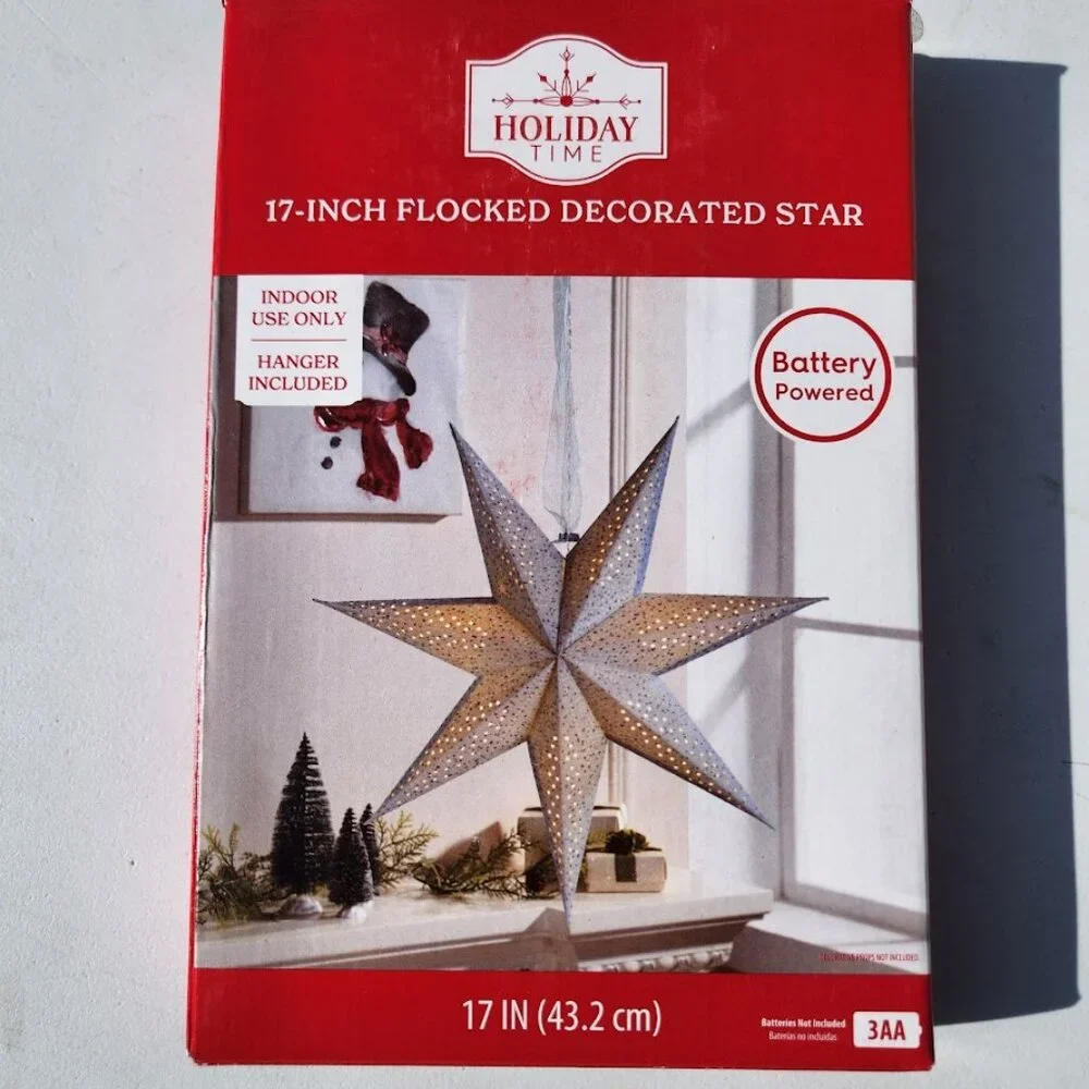 NEW Light Up Battery Operated Flocked Star Christmas Hanging Decoration Decor Ho